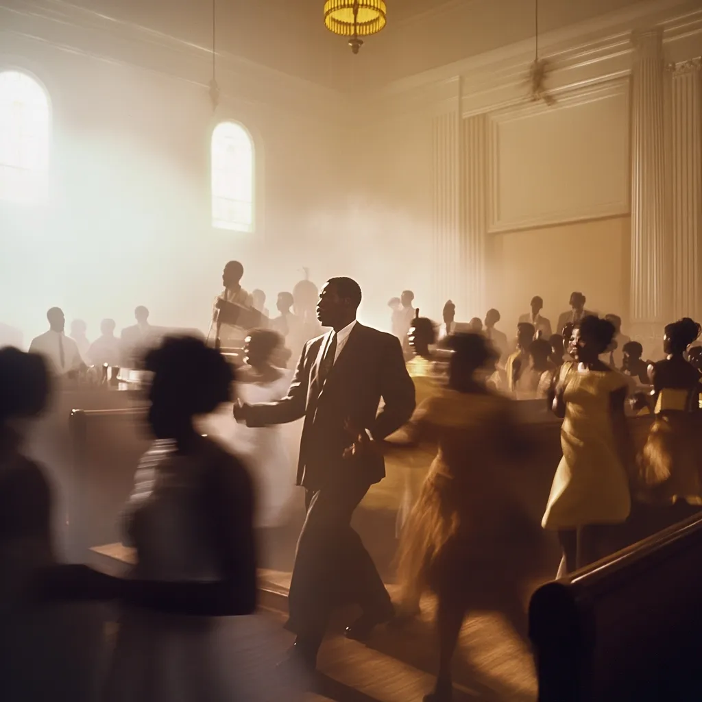 A man in a suit leads a gospel choir in a church.  The scene is filled with motion blur, suggesting the energy and fervor of the spiritual experience.  Warm light streams through arched windows, illuminating the congregation as they sing and sway.  The atmosphere is one of joyful worship and community. The photograph captures a powerful moment of faith and musical expression.