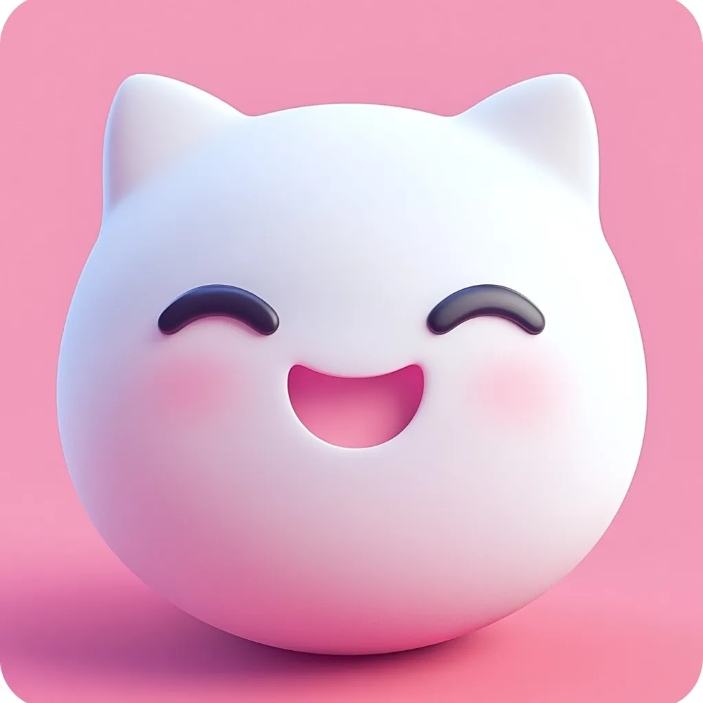 A 3D rendering of a cute, round, white cat-like character.  It has small, dark eyes and a wide, happy smile, with rosy cheeks.  The character is depicted against a pink background, giving it a soft and cheerful appearance.  The overall style is simplistic and charming, evoking feelings of happiness and warmth.
