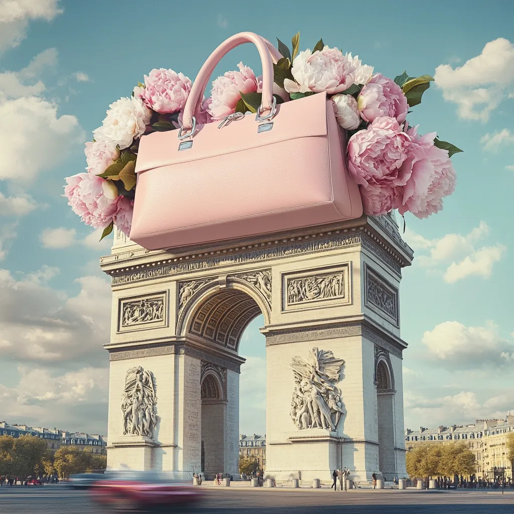 A pastel pink handbag, adorned with a vibrant bouquet of pink peonies, sits atop the Arc de Triomphe in Paris.  The iconic Parisian landmark is bathed in soft sunlight, with a blurred car and pedestrians visible in the foreground. The scene is a whimsical juxtaposition of luxury fashion and Parisian architecture, creating a dreamy and aspirational image.