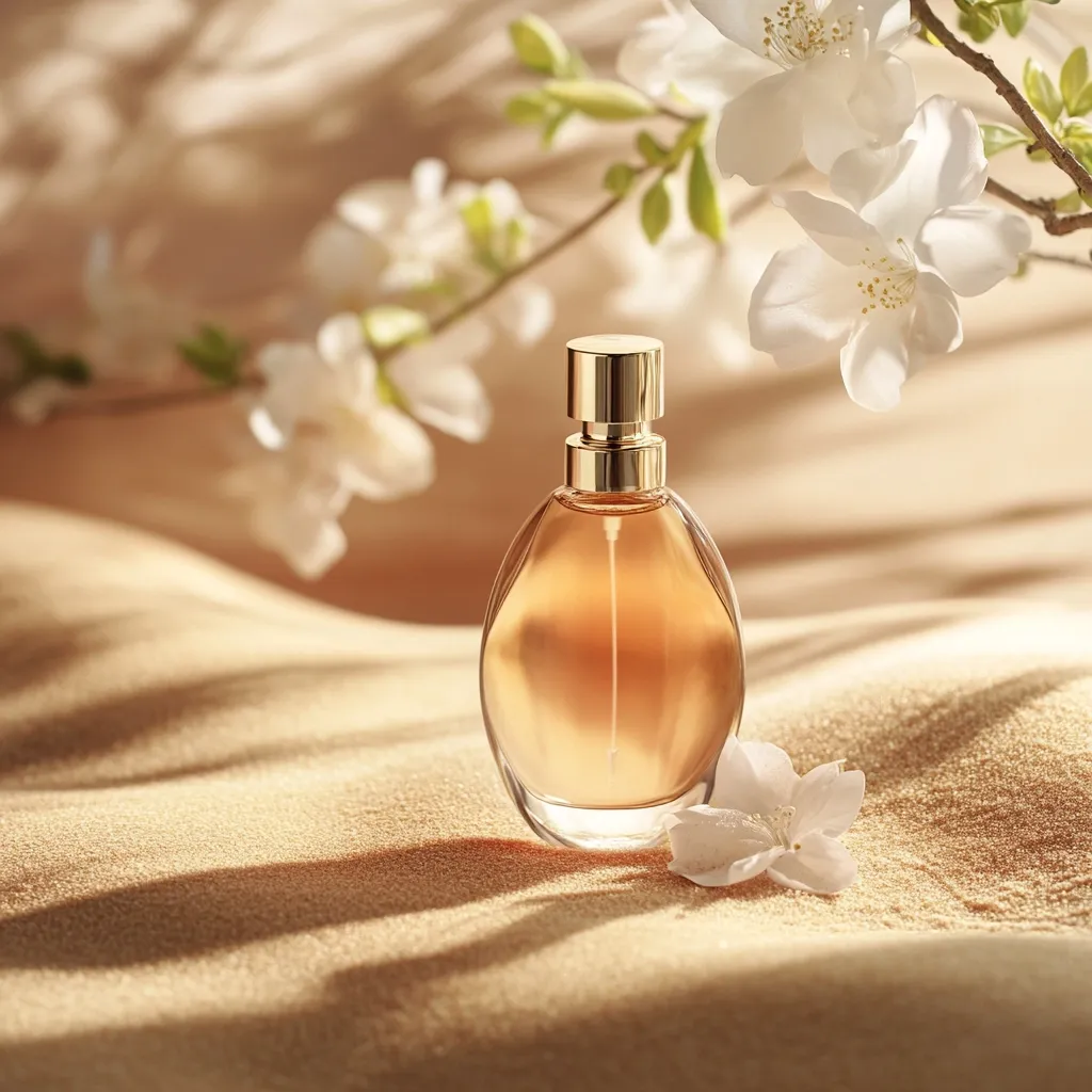 A bottle of amber-colored perfume sits on a soft, beige fabric, subtly textured like sand.  Delicate white blossoms from a flowering branch are artfully arranged around the bottle, adding a touch of elegance and suggesting a floral scent. The overall aesthetic is one of calm luxury and natural beauty.  Soft, warm light illuminates the scene.