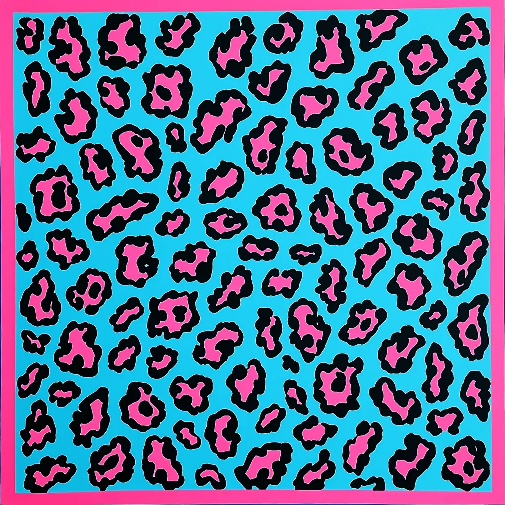 A vibrant square image showcases a bold, graphic leopard print.  Hot pink spots are outlined in black against a bright turquoise background. The design is densely packed, creating a seamless, energetic pattern.  A thin pink border frames the entire print, adding a pop of contrasting color.  The overall style is reminiscent of 80s or 90s fashion trends.