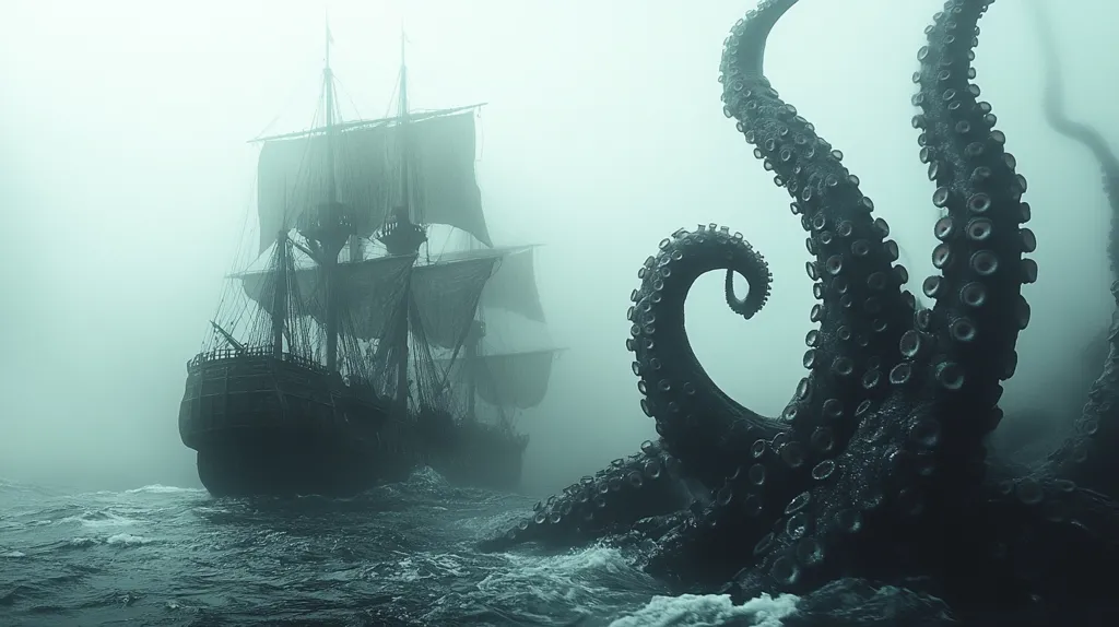 A large, dark kraken's tentacles emerge from a foggy sea, menacingly close to a three-masted sailing ship.  The ship, shrouded in mist, appears dwarfed by the colossal creature. The scene is dark and ominous, evoking a sense of impending danger and a classic tale of sea monsters. The water is turbulent, adding to the dramatic tension.