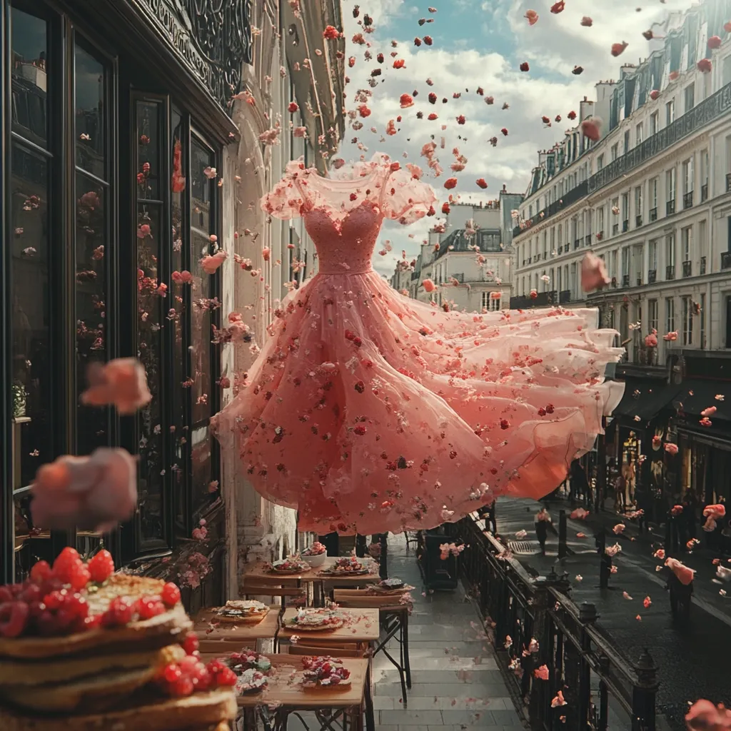 A whimsical scene unfolds: a peach-colored ball gown, adorned with delicate floral appliqués, floats magically amidst a flurry of falling rose petals.  The dress hangs suspended over a Parisian street, tables laden with pastries are visible below. The setting, a charming Parisian balcony, adds to the dreamlike ambiance.  The overall effect is one of enchanting surrealism.