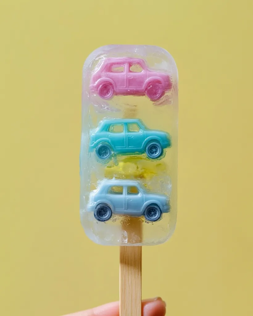 A whimsical ice pop features three miniature pastel-colored cars frozen within the translucent ice.  The cars are pink, teal, and light blue, stacked vertically on a wooden stick against a yellow background.  The image is a playful and surreal juxtaposition of childhood treats and transportation.