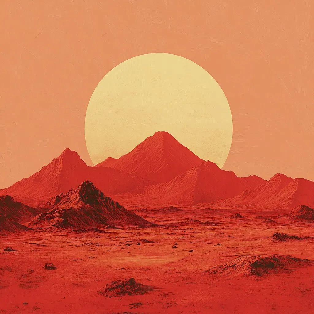 A stylized digital artwork depicts a desolate, Mars-like landscape.  Crimson mountains and a flat, reddish-brown plain stretch to the horizon under a large, pale yellow sun.  The overall color palette is monochromatic, emphasizing the arid and otherworldly atmosphere.  A small, barely perceptible vehicle is visible in the foreground, adding a sense of scale and isolation to the scene.