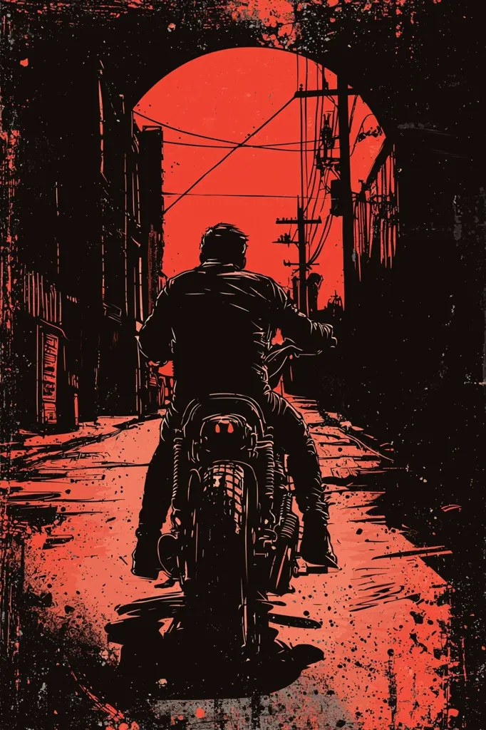A stylized illustration depicts a lone motorcyclist riding a vintage motorcycle down a narrow, dimly lit alleyway. The setting sun casts a blood-red glow on the urban scene, creating a dramatic, almost ominous atmosphere. The rider's back is to the viewer, emphasizing their solitary journey.  The artwork uses bold black silhouettes against a textured, red-toned background, suggesting a gritty, possibly noir-inspired aesthetic.