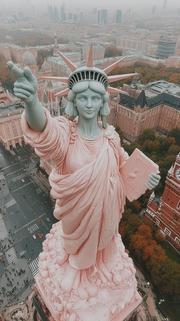 A high-angle, long shot of a pale pink statue of the Statue of Liberty, situated in a city.  The statue is depicted holding a tablet and its arm is outstretched.  The city below is a mix of buildings and streets, with autumnal trees visible. The overall effect is one of surreal juxtaposition and artistic interpretation.