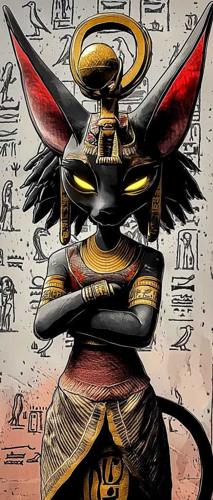 A stylized depiction of an Egyptian goddess or priestess with a cat-like head, adorned in gold jewelry and a headdress featuring a sun disk.  Her arms are crossed, and she stands against a background of hieroglyphs. The artwork combines realistic rendering with graphic elements, creating a striking and powerful image.  The color palette is predominantly dark with accents of gold and red.
