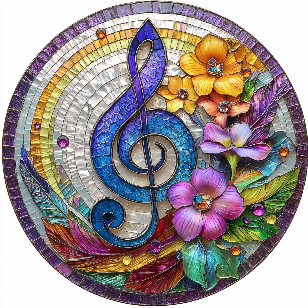 A vibrant circular mosaic art piece features a central treble clef crafted in shades of blue and purple.  Surrounding the clef are richly colored flowers in purples, yellows, and oranges, enhanced with glittering jewels.  The background incorporates a rainbow of colors and iridescent mosaic tiles, creating a dazzling display of music and nature's beauty.  Feathers add texture and depth to the artwork's design.