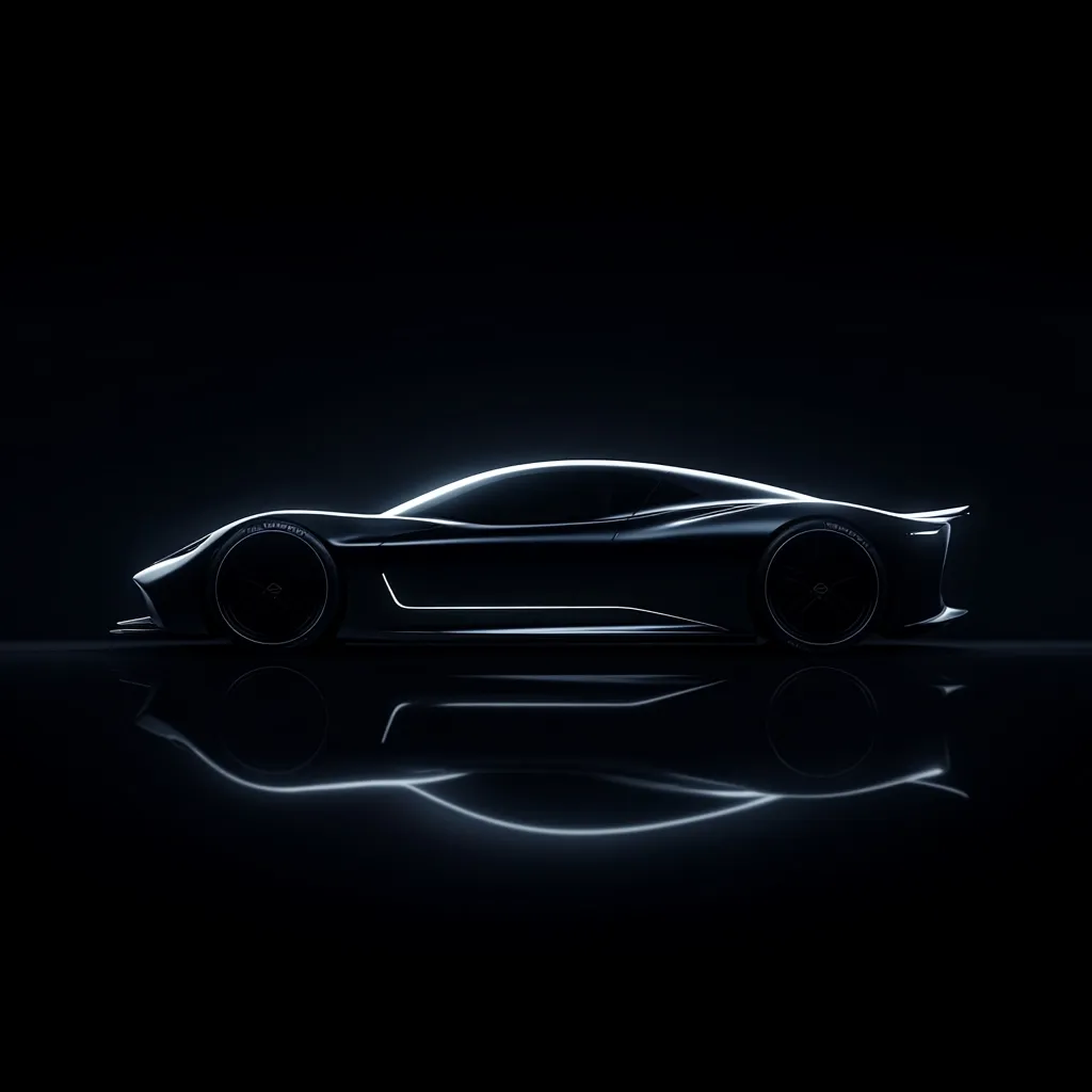 A sleek, black sports car is dramatically silhouetted against a stark black background.  The car's profile is highlighted by a subtle, glowing outline, emphasizing its low-slung design and aerodynamic features.  Its reflection is visible on a glossy surface below, mirroring the car's form with a slight distortion. The image evokes a sense of mystery and high performance.