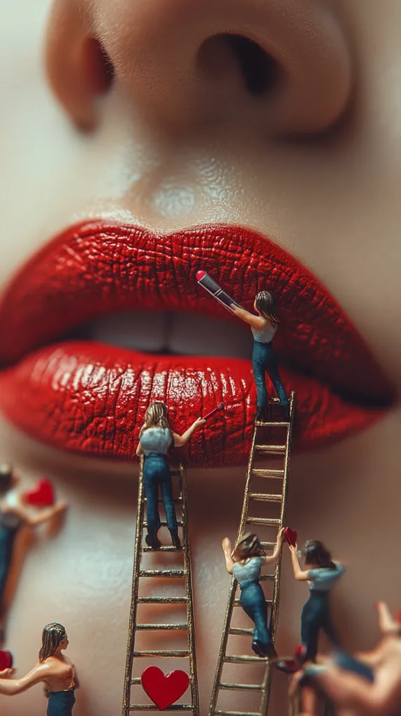 Miniature figures climb ladders to paint a vibrant red lip, meticulously applying lipstick.  They hold tiny hearts, adding a whimsical touch to the close-up of the luscious lips. The image juxtaposes the immense scale of the lip with the tiny workers, creating a surreal and artistic effect.  The overall feeling is one of playful artistry and meticulous detail.