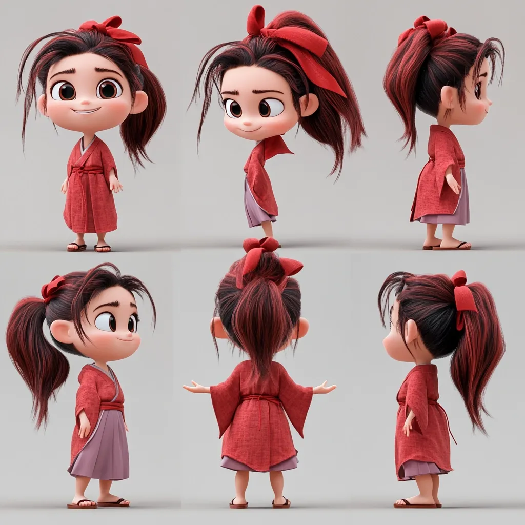 A 3D model of a cute, stylized young girl is shown from six different angles.  She has large eyes, dark red hair styled in a ponytail with a bow, and wears a reddish-pink kimono-style dress. The model showcases her design from front, side, back, and three-quarter views, highlighting the details of her outfit and hair.  The overall style is reminiscent of a cartoon or anime character.