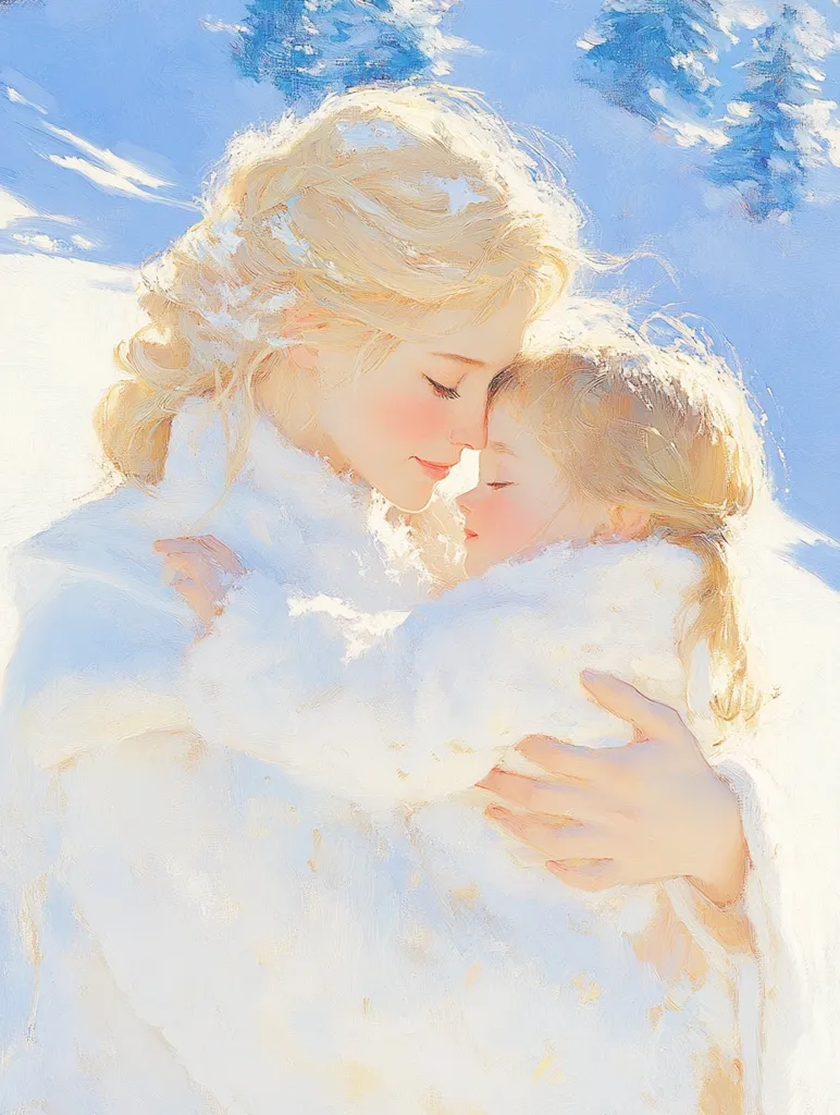 A tender illustration depicts a blonde woman embracing a young girl in a snowy landscape.  The woman's face is gently pressed against the child's, conveying warmth and affection.  Both are dressed in soft, white clothing, blending with the winter scene.  The soft light and pastel colors create a serene and loving atmosphere. The style is impressionistic, with visible brushstrokes adding texture.