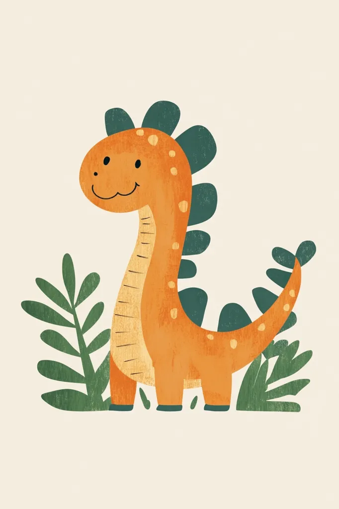A cheerful orange dinosaur, adorned with green spines, smiles contentedly.  Its textured appearance gives it a rustic charm.  The dinosaur stands amidst stylized green foliage, creating a simple yet appealing illustration, perfect for children's décor or apparel.  The color palette is muted and warm, evoking a sense of calm and playfulness.