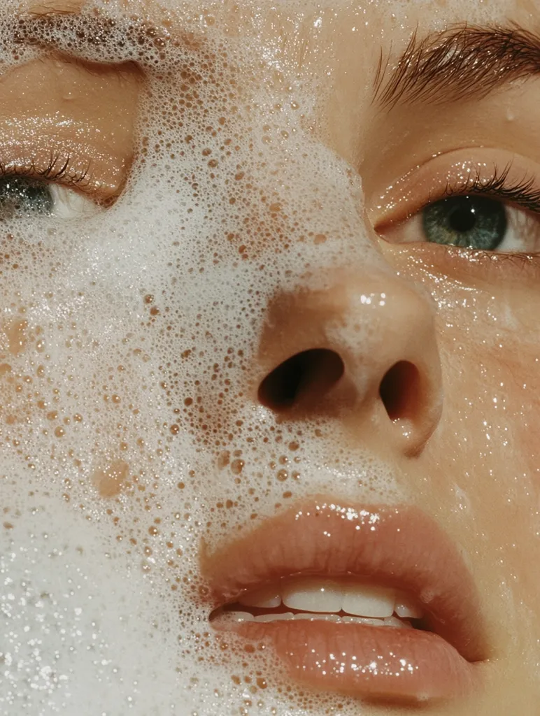 Close-up of a woman's face covered in white, bubbly cleanser.  Her eyes, slightly closed, and lips are visible through the lather.  The image emphasizes the texture of the foam and the soft, sun-kissed skin.  The overall aesthetic is clean, natural, and luxurious.
