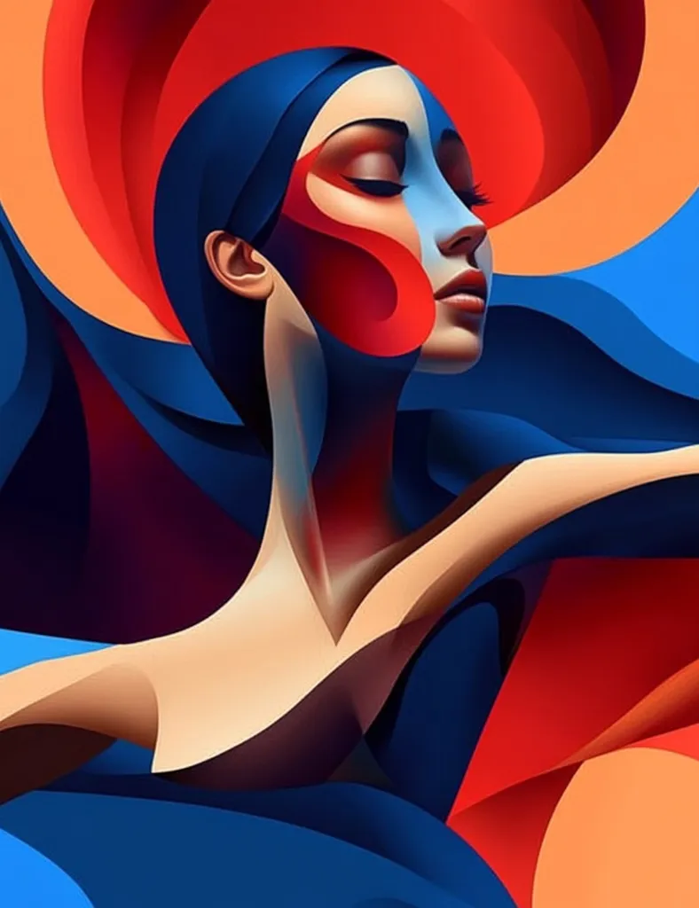 A stylized portrait of a woman, her face partially obscured by bold, abstract shapes in vibrant red and blue hues.  Her eyes are closed, conveying a sense of serenity. The artwork uses a striking color palette and geometric forms to create a dynamic and visually arresting image. The overall effect is modern and artistic, blending figuration with abstract expressionism.