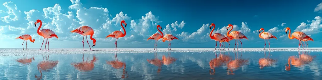 A panoramic view of a flock of vibrant pink flamingos standing in shallow, clear water under a bright blue sky dotted with fluffy white clouds.  The flamingos are arranged in several small groups, their reflections mirroring them perfectly on the tranquil water's surface.  The scene evokes a sense of serenity and the beauty of the natural world.