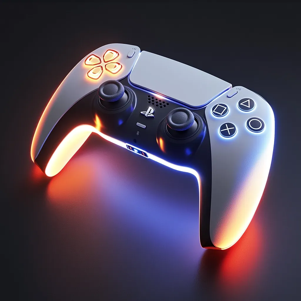 A futuristic PlayStation 5 DualSense controller is showcased against a dark background.  The controller is illuminated with vibrant orange and blue light accents along its edges.  Its sleek, white and black design is emphasized by the dramatic lighting, highlighting its buttons and contours. The image focuses on the controller's modern aesthetic and technological features.
