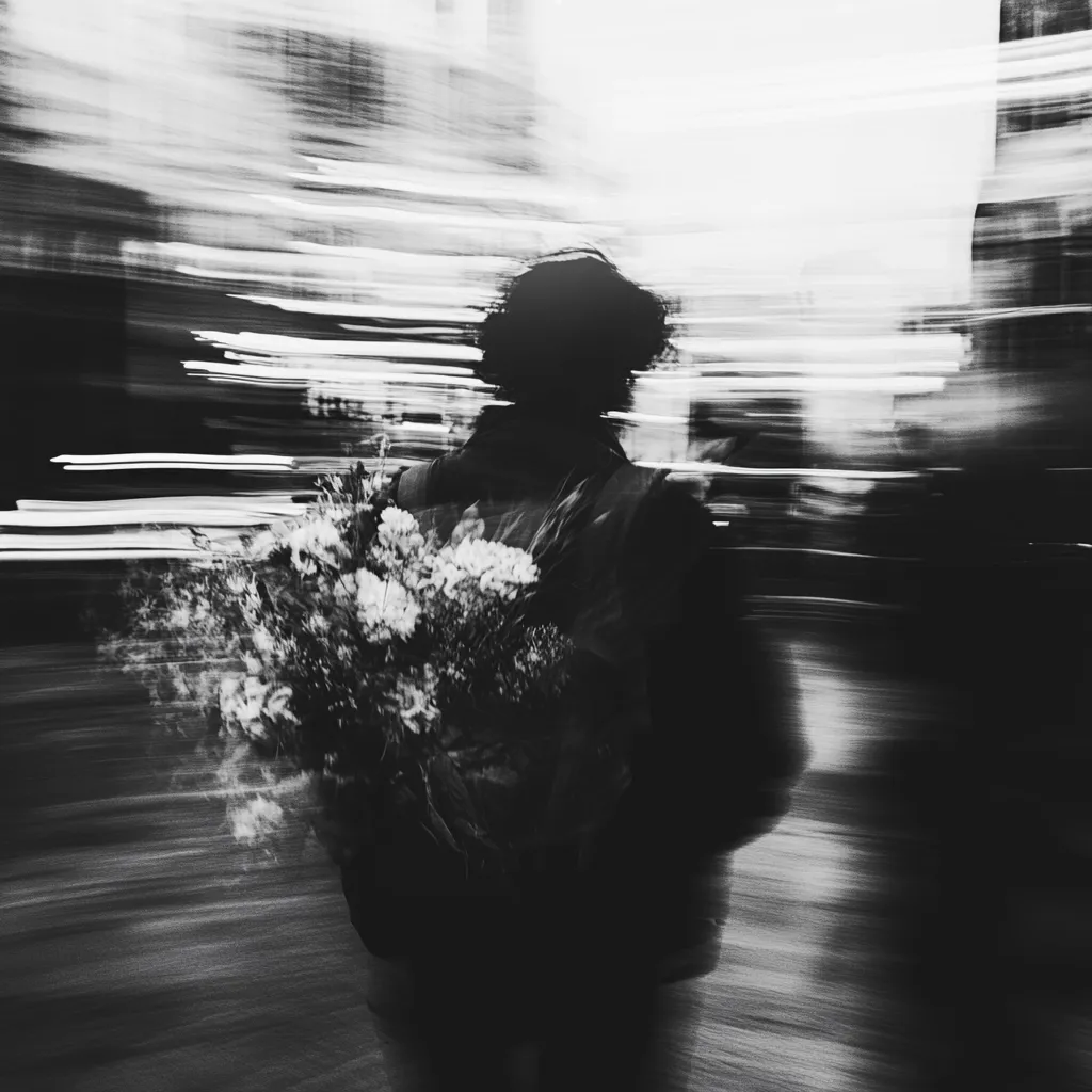 A black and white, motion-blurred photograph depicts a person from behind carrying a bouquet of flowers.  The subject is silhouetted against a streaked background suggesting movement, possibly a busy city street at night. The image evokes a sense of anonymity and fleeting moments. The blurred effect adds a dreamlike, almost melancholic quality.