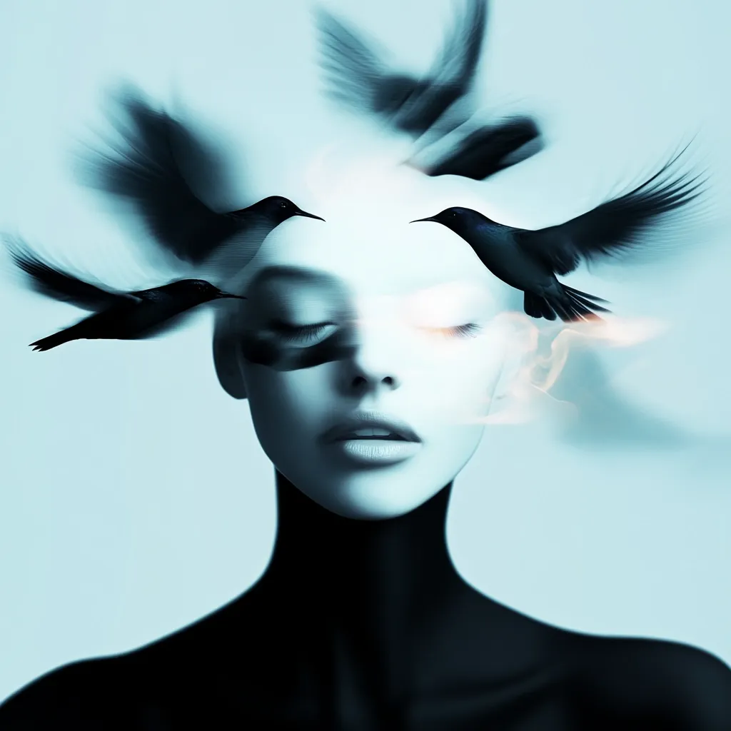A serene woman's face is superimposed with blurred images of birds in flight, creating a dreamlike effect.  The birds appear to be emerging from or surrounding her head, suggesting a connection between her inner self and the natural world. The overall tone is ethereal and calming, with a cool, monochromatic color palette. The image evokes feelings of peace and tranquility.