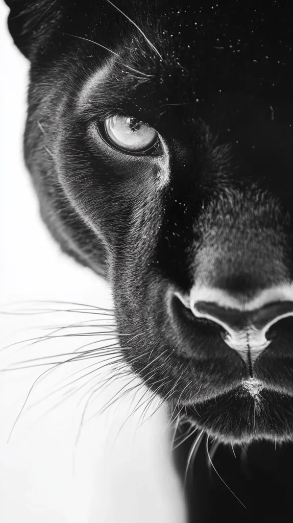 A close-up black and white photograph captures the intense gaze of a black panther.  Its piercing eye and prominent whiskers are sharply in focus against a softly blurred background. The image emphasizes the cat's powerful presence and predatory nature, creating a dramatic and evocative portrait.  The monochrome palette enhances the texture of its fur and the stark contrast of light and shadow.