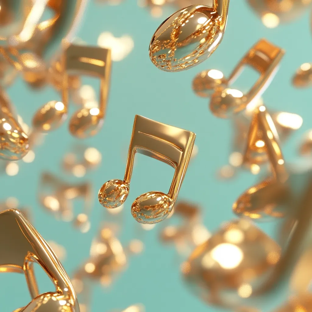 A multitude of golden musical notes float against a soft teal background.  The notes are three-dimensional and appear glossy, catching the light.  They vary in size and depth of field, creating a sense of movement and depth. The overall impression is one of elegance and musicality.