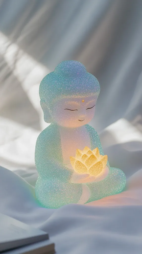 A serene light-blue, glitter-textured Buddha statue sits on a white fabric.  The statue holds a glowing yellow lotus flower in its lap.  Soft light emanates from the figure, creating a calming and peaceful ambiance. The overall scene is minimalist and suggests tranquility.