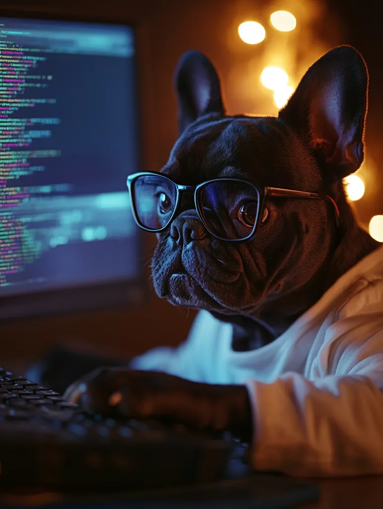 A black French bulldog, wearing glasses, sits at a computer diligently working.  The screen displays lines of code, suggesting a coding or programming task. The warm lighting from string lights in the background creates a cozy yet focused atmosphere. The dog's intense focus is evident as its paws rest on the keyboard.