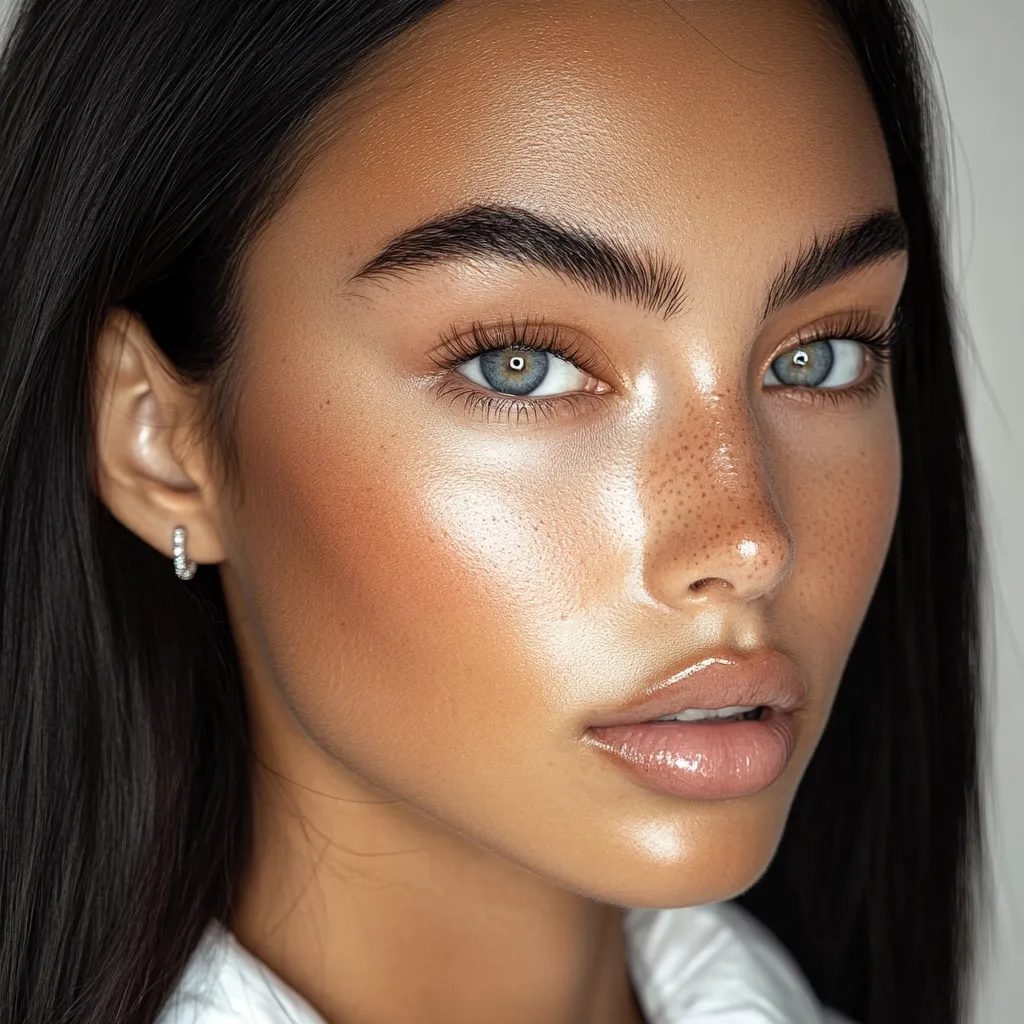 Close-up portrait of a young woman with long, dark hair.  Her skin has a sun-kissed glow, highlighted with subtle makeup.  She has naturally defined eyebrows, light freckles, and striking blue eyes.  A small hoop earring is visible in her left ear.  The overall impression is one of natural beauty and radiant health.