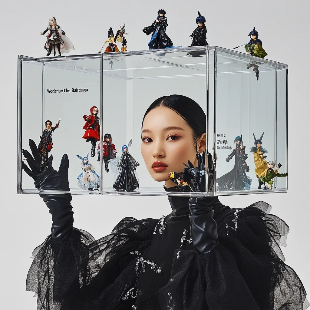 A young woman with dark hair and makeup wears a black, ruffled dress and long gloves.  A clear cube rests on her head, filled with numerous small, collectible figurines of anime-style characters. The cube's side displays text, possibly referencing the figurines' origin or name. The overall aesthetic is dark, elegant, and slightly gothic, with a blend of high fashion and pop culture elements.