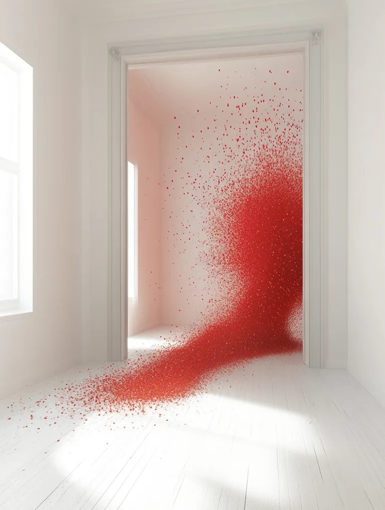 A minimalist white room is depicted, featuring a doorway from which a vibrant red stream of particles flows onto the pristine white floor. The particles appear to explode from the doorway, creating a dynamic contrast against the stark white background.  The scene is brightly lit, highlighting the texture of the wooden floor and emphasizing the intensity of the red particles' movement. The overall impression is one of artistic expression and controlled chaos.