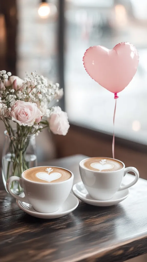 Two cups of latte art coffee sit on a dark wooden table, adorned with heart-shaped designs.  A vase of pale pink roses and baby's breath adds a romantic touch. A pink heart-shaped balloon floats in the background, completing the idyllic, cozy café scene.  The soft lighting and blurred background enhance the intimate atmosphere.