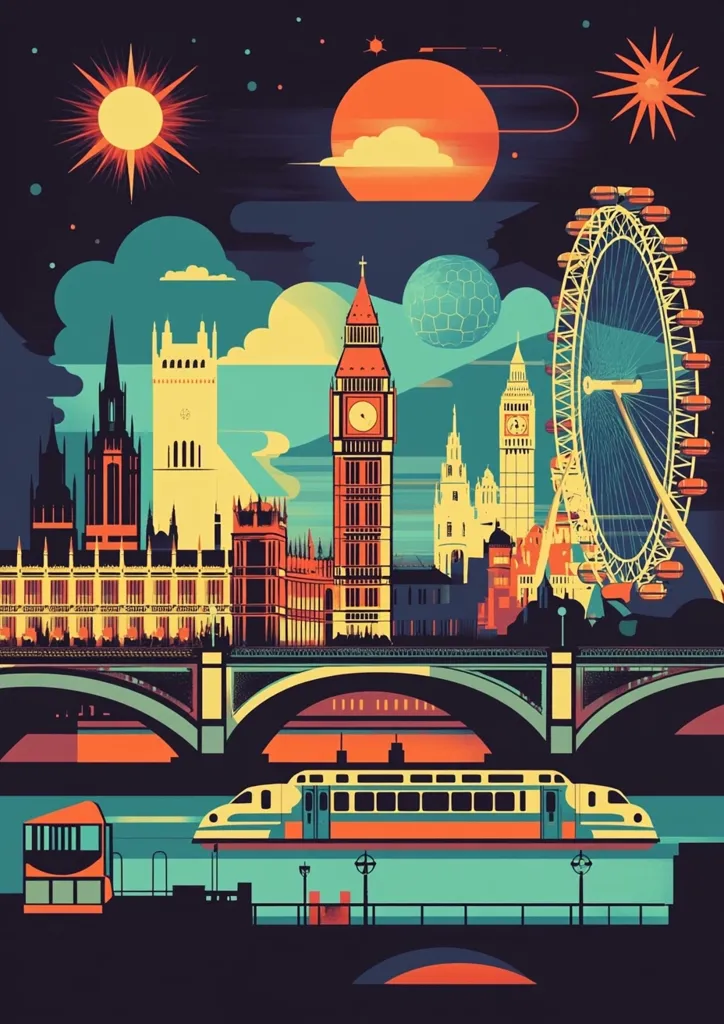 A stylized illustration of London's skyline at night.  Iconic landmarks like Big Ben, the Houses of Parliament, and the London Eye are depicted in a vibrant, geometric style.  A high-speed train travels across a bridge below, adding a modern element to the scene.  The backdrop features a stylized sun, moon, and stars, creating a surreal and imaginative atmosphere. The overall aesthetic is retro-futuristic.