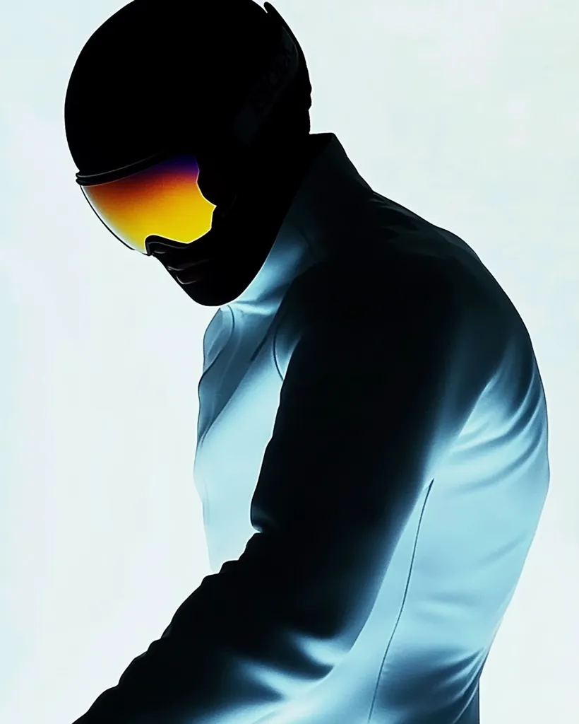 A silhouetted figure, wearing a light blue ski suit and helmet, is captured in a dramatic, high-contrast image.  The individual's head is bowed, and vibrant, multicolored goggles partially obscure their face. The lighting creates a stark contrast between the dark silhouette and the bright, almost ethereal background. The overall mood is mysterious and slightly melancholic.