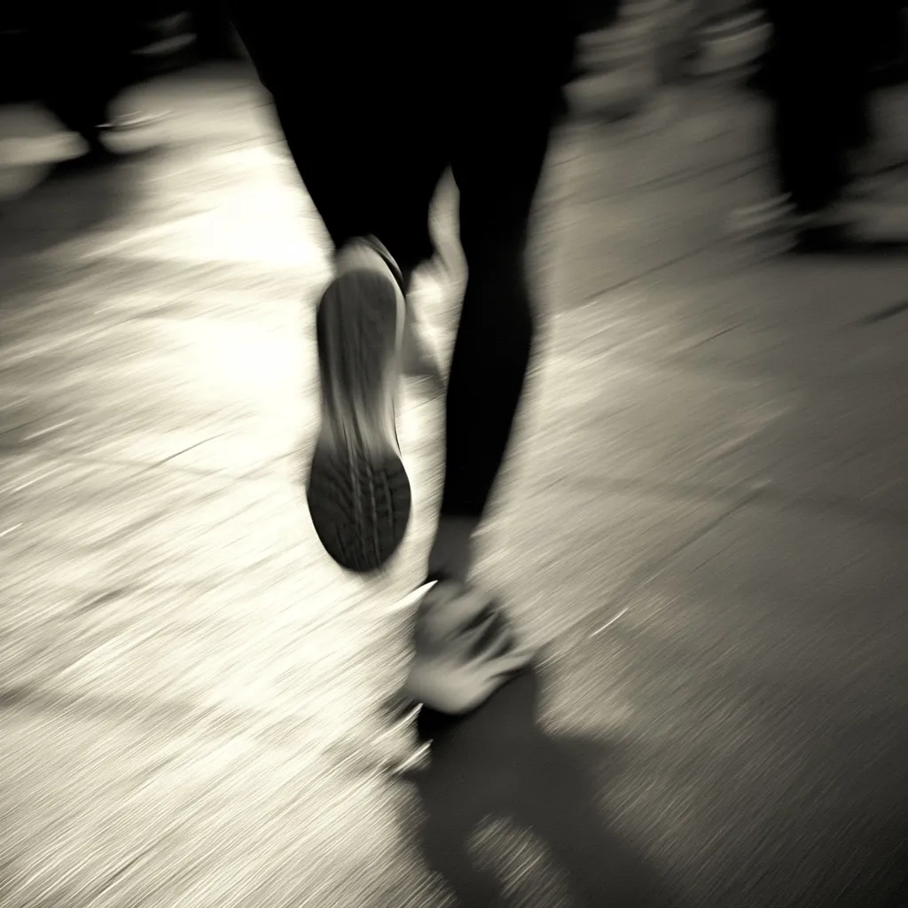 A grayscale image captures a runner in motion, their legs a blur of speed.  The focus is on one running shoe, sharply defined against the motion-blurred background. The overall effect is one of dynamism and energy, suggesting a fast-paced run in an urban environment.  Other runners are visible as indistinct shapes in the periphery.