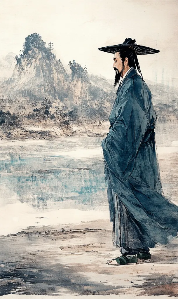 A lone figure, a man in flowing teal robes and a wide-brimmed hat, stands on a sandy shore.  He gazes out across a calm river towards a misty, mountainous landscape. The scene is painted in soft, muted tones, with a focus on the contemplative pose of the man and the atmospheric perspective of the distant hills. The style suggests East Asian ink painting, emphasizing brushstrokes and a sense of tranquility.
