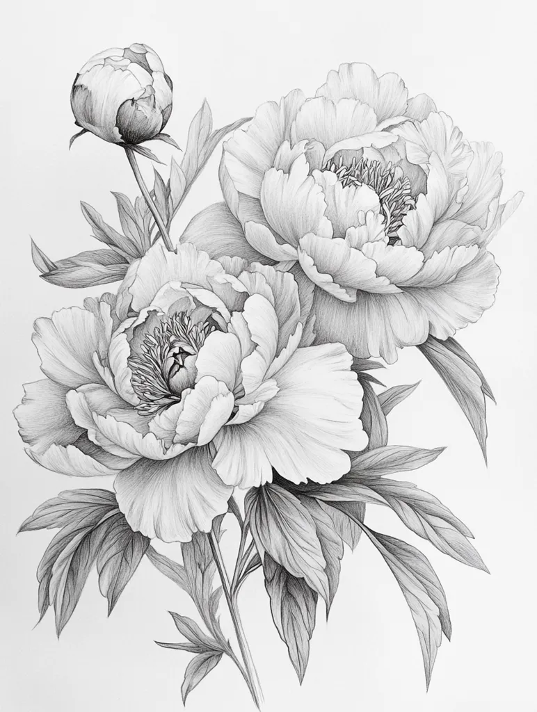 A meticulously detailed pencil sketch depicts a trio of peonies.  Two large, fully bloomed flowers dominate the composition, their numerous petals rendered with delicate shading, showcasing their soft texture and intricate centers. A smaller, tightly closed bud adds a sense of anticipation. The peonies are connected by slender stems and realistically drawn leaves, creating a balanced and elegant botanical illustration.