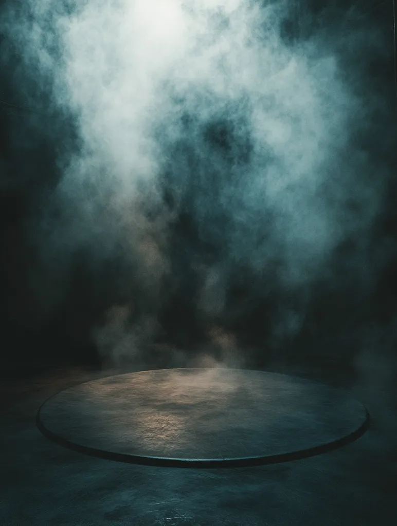 A dark, moody scene features a circular, stone-like platform in the center.  Thick, ethereal fog or smoke fills the background, creating a mysterious and atmospheric ambiance.  A soft, diffused light emanates from above, illuminating the platform and partially dispersing the fog. The overall tone is somber and dramatic.