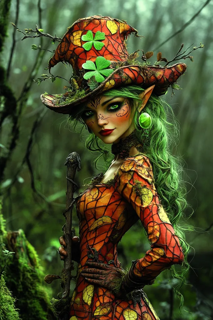 A digital painting of an ethereal elf woman in a mossy, autumnal forest.  She wears an elaborate hat adorned with shamrocks and a dress patterned with leaves and vines, matching her vibrant green hair and earthy accessories.  She holds a gnarled staff, her expression both captivating and mysterious, embodying a magical woodland spirit.  The overall atmosphere is mystical and enchanting.
