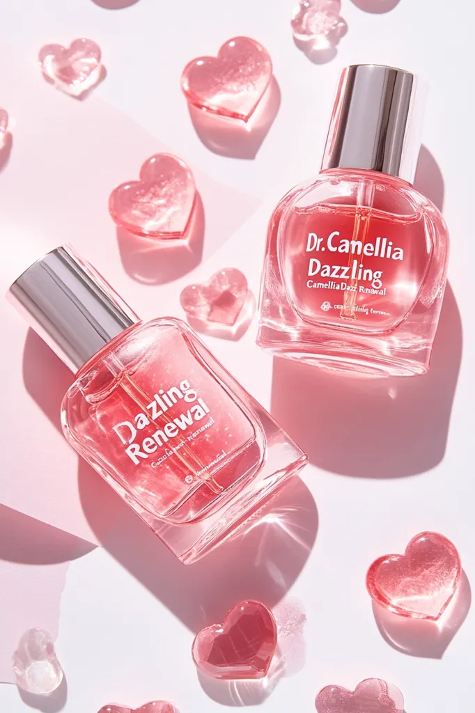 Two bottles of Dr. Canellia Dazzling Camellia Dazz Renewal serum are displayed against a pink background.  The bottles are clear, revealing a pink liquid, and feature a silver cap and dropper.  Surrounding the bottles are numerous small, heart-shaped, translucent pink objects, creating a romantic and aesthetically pleasing composition.  The overall impression is one of elegance and femininity.