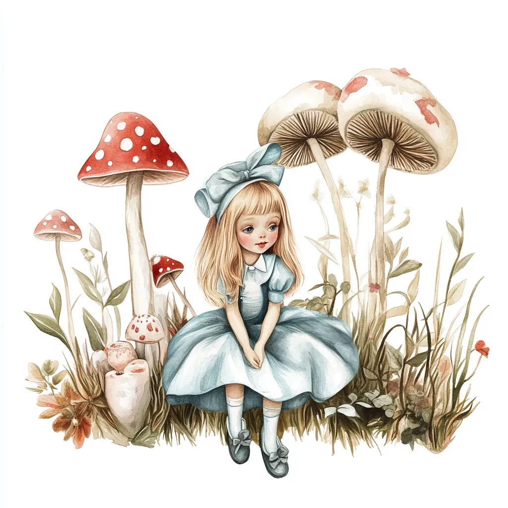 A watercolor illustration of a young girl, reminiscent of Alice in Wonderland, sits amidst a whimsical array of mushrooms and wildflowers. She wears a light blue dress and a matching bow, her blonde hair cascading around her shoulders.  The mushrooms are a mix of red and white-capped varieties, adding to the enchanting scene. The overall style is delicate and charming.