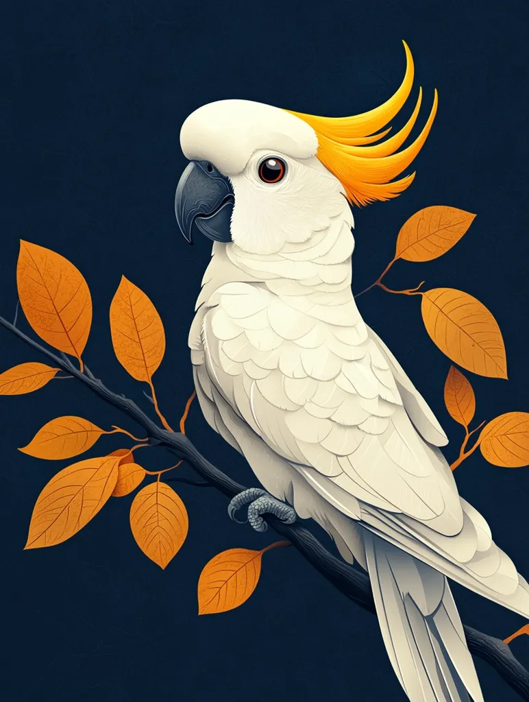 A striking illustration depicts a Sulphur-crested Cockatoo perched on a dark branch adorned with autumnal orange leaves. The cockatoo's white plumage is accentuated by its vibrant yellow crest, and its dark beak adds a contrast. The detailed rendering of the bird's feathers and the leaves creates a visually captivating image against the deep blue background.  The artwork showcases a blend of realism and artistic style.