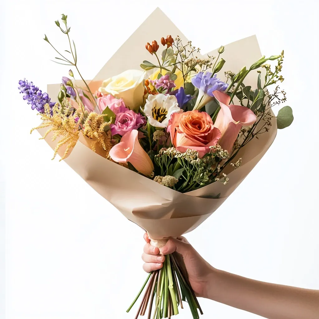 A hand holds a vibrant bouquet wrapped in kraft paper.  The bouquet features a mix of pastel-colored flowers, including roses, calla lilies, and smaller wildflowers.  The colors are soft pinks, oranges, purples, and yellows, creating a cheerful and romantic arrangement.  The overall impression is one of delicate beauty and springtime freshness.
