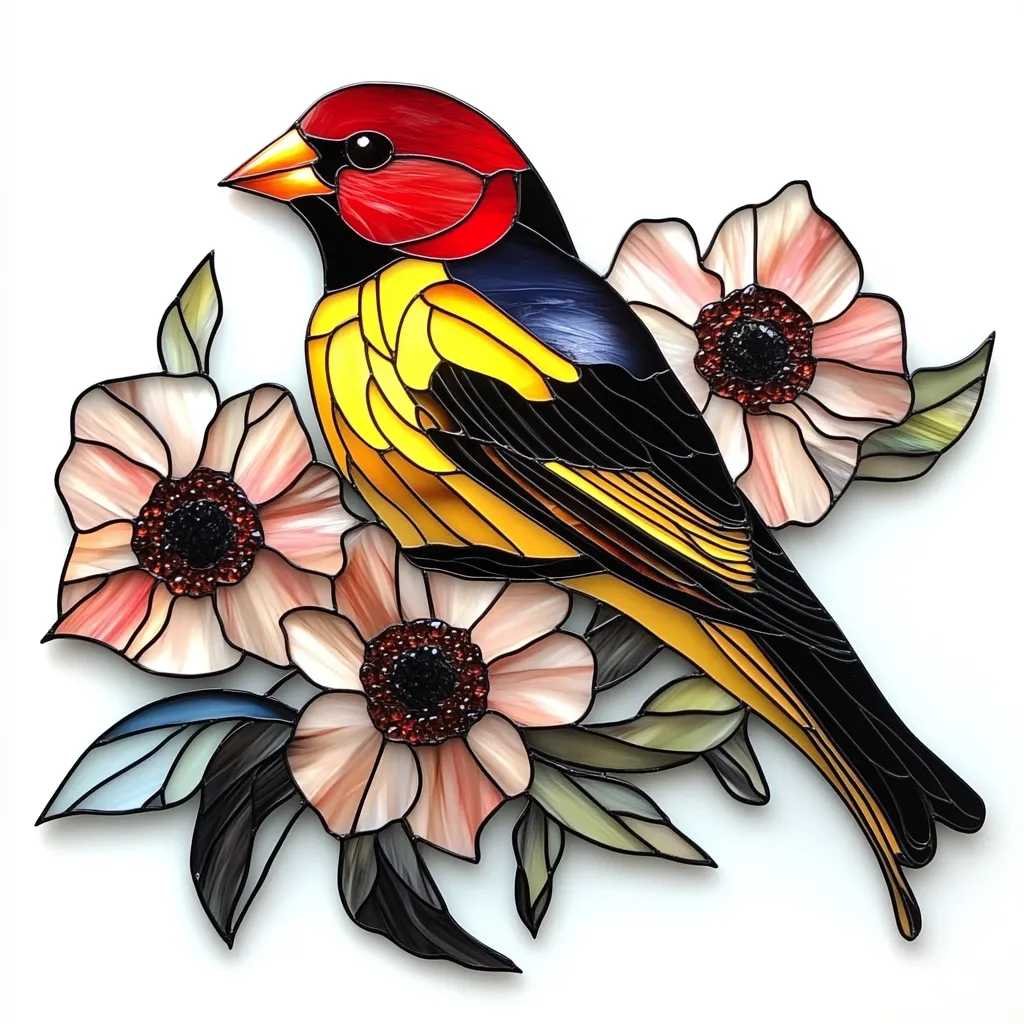 A vibrant stained-glass artwork depicts a brightly colored bird, possibly a type of tanager, perched amidst delicate, blush-toned flowers. The bird's plumage is rendered in rich yellows, reds, and blacks, while the flowers exhibit soft pink and peach hues with dark centers.  The piece is crafted with meticulous detail, showcasing the artist's skill in capturing the textures and colors of both bird and blossoms. The overall effect is one of elegant beauty and natural vibrancy.