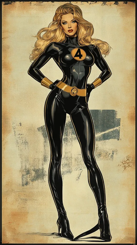 A stylized illustration of Sue Storm, the Invisible Woman from the Fantastic Four, is presented. She is depicted in a black, form-fitting jumpsuit with a prominent number four emblem, and tall black boots. Her long blonde hair cascades around her shoulders, complementing her confident pose. The vintage-style background suggests a retro comic book aesthetic. The artwork emphasizes her physique and iconic costume details.
