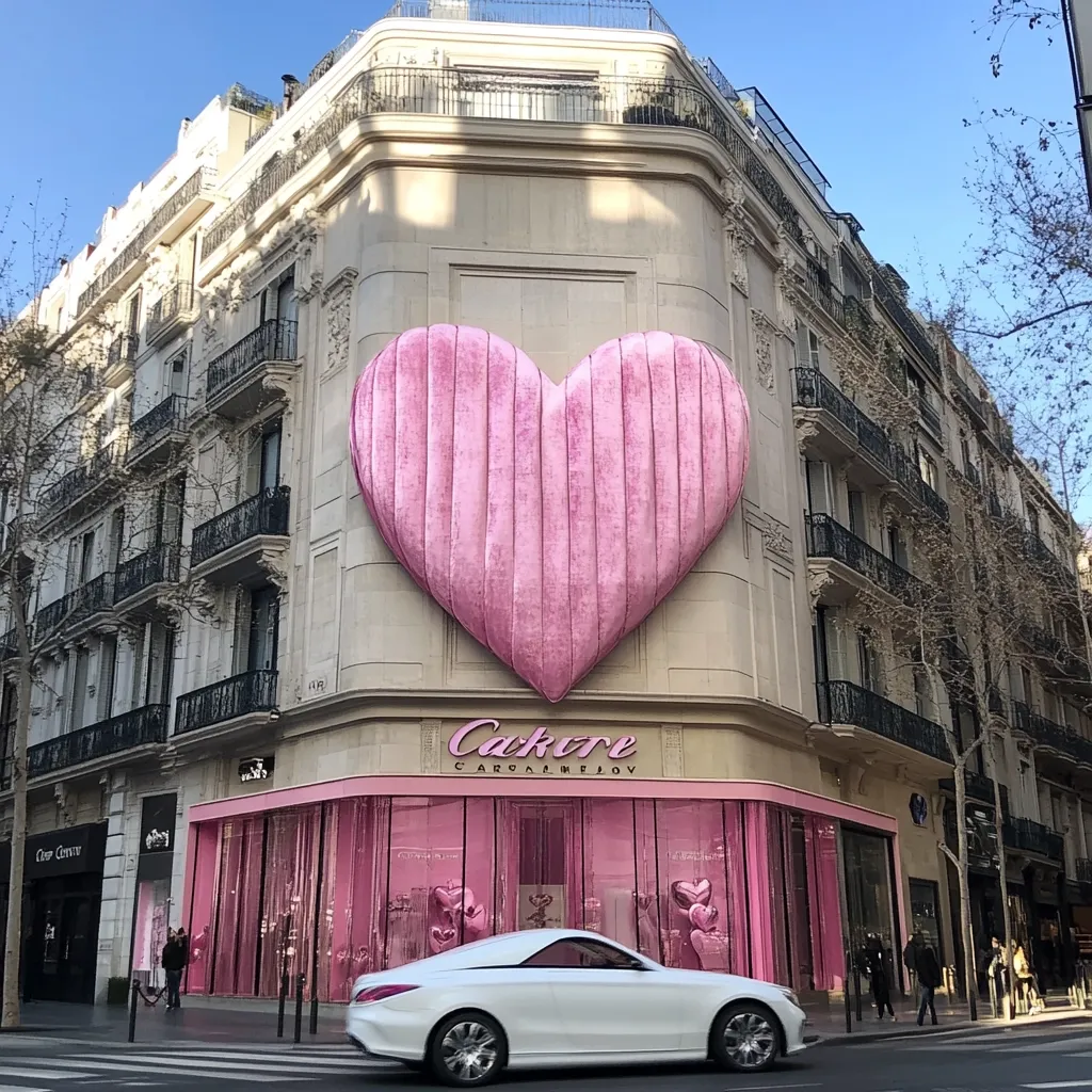 A Parisian storefront for Cakare Caramelov is adorned with a large, pink, heart-shaped sculpture. The building is multi-storied and classic in design. The shop windows are decorated in a matching pink theme, creating a romantic and eye-catching display. A white car drives past, adding a touch of everyday life to the scene.  The overall aesthetic is luxurious and playful.