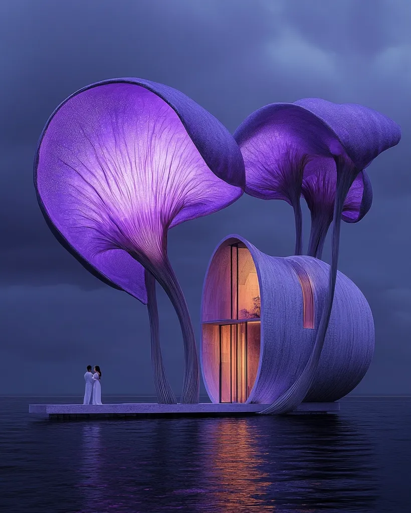 A futuristic, bioluminescent home, resembling giant purple mushrooms, floats serenely on calm waters.  A couple stands on a platform before the dwelling, which is softly lit from within. The structure's organic curves and ethereal glow create a magical and tranquil atmosphere under a twilight sky. The scene evokes a sense of peace and wonder.