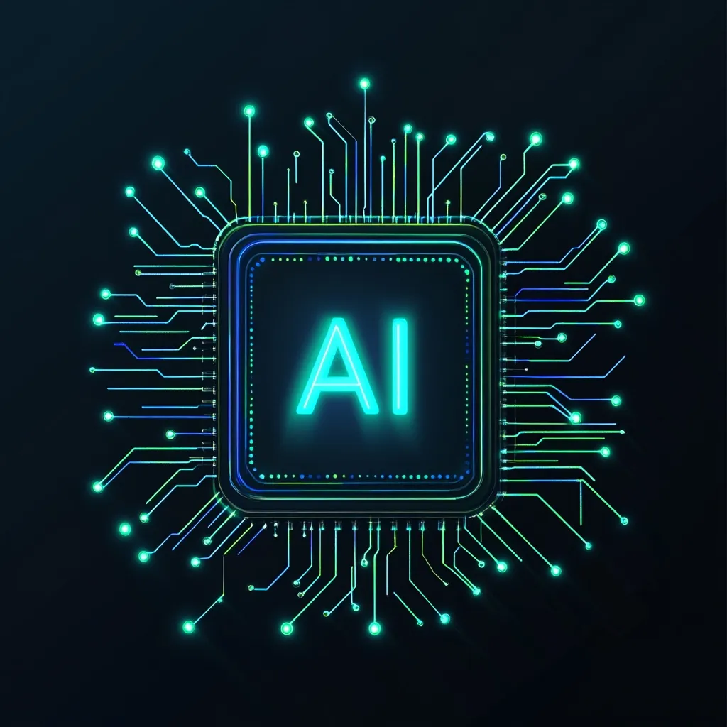 A stylized digital illustration depicts a microchip with the letters "AI" glowing brightly in its center.  Neon-green circuit lines radiate outward from the chip, creating a visually striking representation of artificial intelligence.  The dark background enhances the vibrant colors, symbolizing the technology's complex and powerful nature.