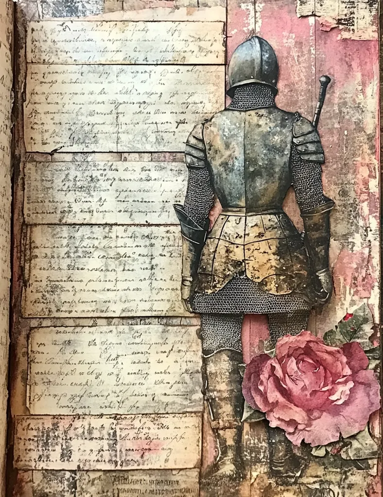 A mixed-media artwork features a knight in chainmail armor from the back, positioned against a backdrop of aged parchment pages filled with handwritten text in an antiquated script.  A large, pinkish rose is artfully placed at the bottom, adding a contrasting element of softness to the otherwise austere image. The overall aesthetic is one of vintage, historical storytelling.