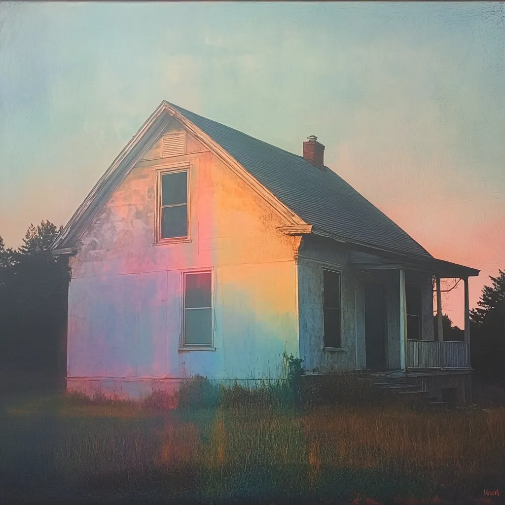 A weathered, light-colored farmhouse sits in a field at sunset.  The building is bathed in warm, pastel hues from the setting sun, creating a rainbow-like effect on its side.  Tall grass surrounds the house, adding to its secluded, rural atmosphere.  The sky is a soft blend of pale blues and pinks.  The scene evokes a sense of tranquility and quiet solitude.